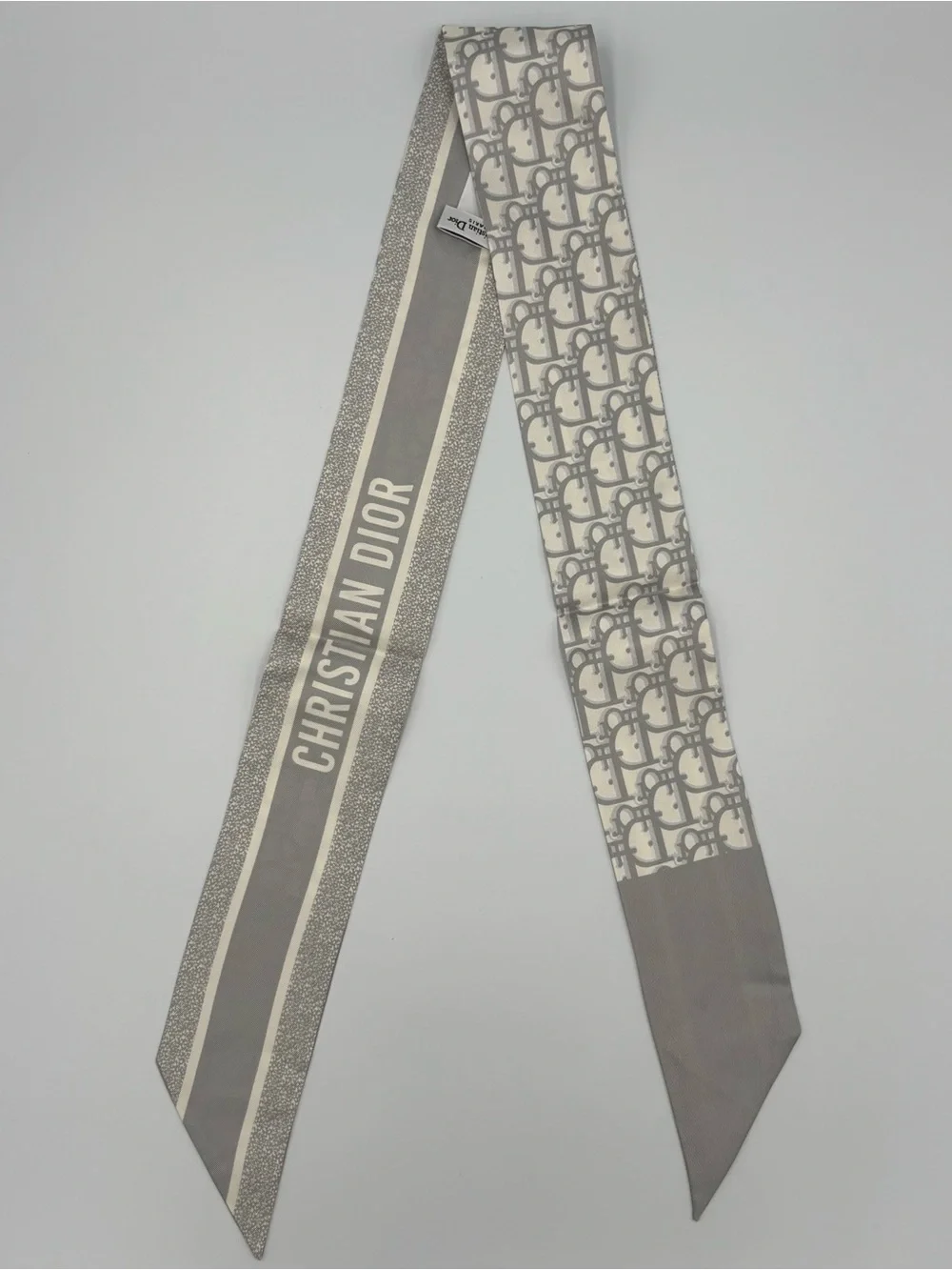 Christian Dior Oblique Mitzah Scarf Gray White Monogram Ribbon Hair Tie Bag